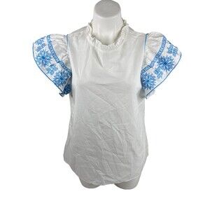 White Peasant Shirt Women Large Blue Embroidery Bohemian Ruffle Sleeve NWT